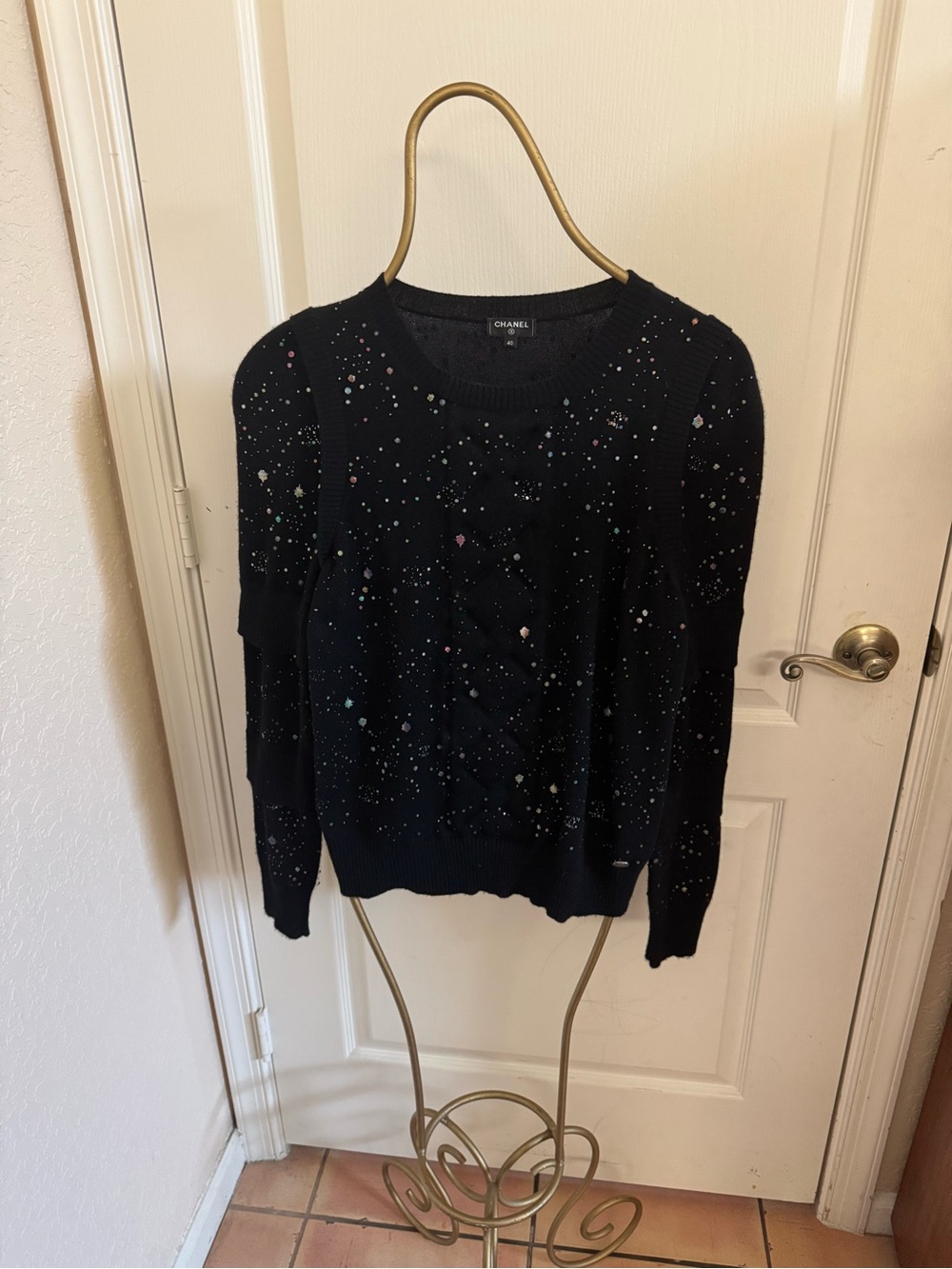 CHANEL Black Crewneck Signature Sweater with Multicolor Speckles